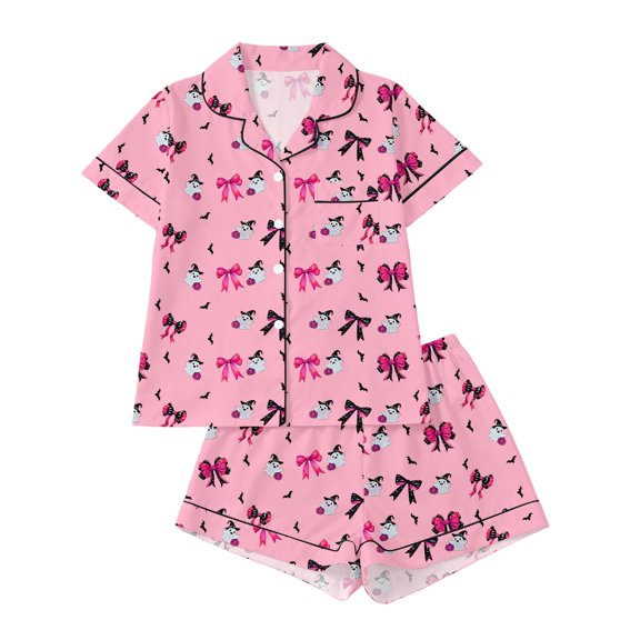 Bobifish Toddler Girls Sleep Sets Halloween Print Lapel Button Down Short Sleeve Tops&Shorts PJS Children Girls Home Clothes