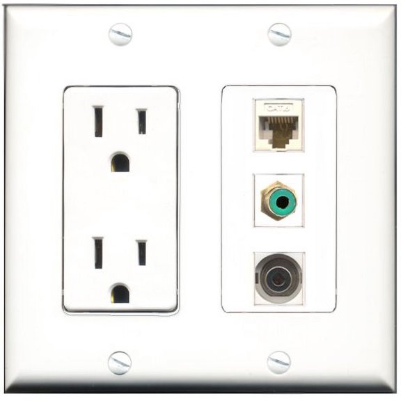 RiteAV - 15 Amp Power Outlet 1 Port RCA Green 1 Port 3.5mm 1 Port Cat6 Ethernet Ethernet White Decorative Wall Plate