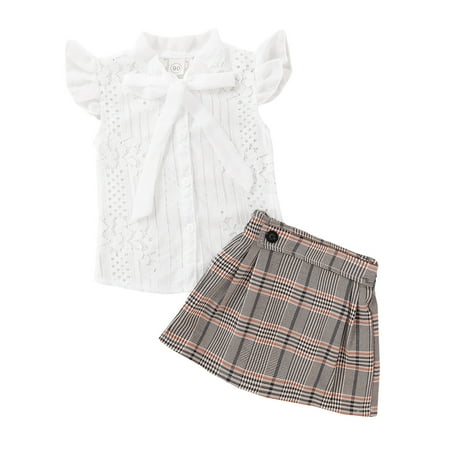 

ZIYIXIN Toddler Baby Girl Elegant Outfits Ruffle Sleeve Lace Blouse + Retro Plaids Mini Skirt 2 Piece Suit White 3-4 Years