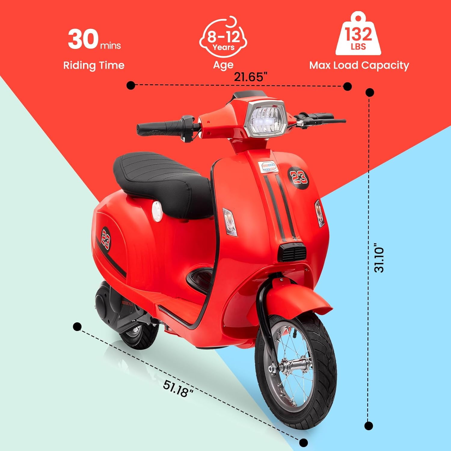 Trilenars 24V 350W Electric Moped Scooter for Kids, Kids Ride on Motorcycle, Max Up to 14MPH, with Rear Brake, Twist Grip Throttle & LED Light, Electric Motorbike for Teens 8-12,Red