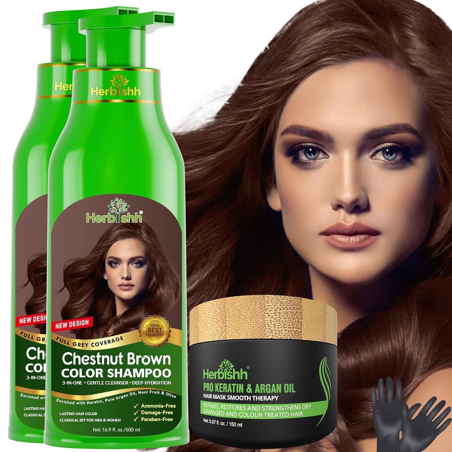 (4 pack) Herbishh Ultimate Hair Color Kit (2 Shampoos + 1 Argan Mask) for Grey Hair - Permanent, Long-Lasting, Easy to Apply for Men and Women (Chestnut Brown)