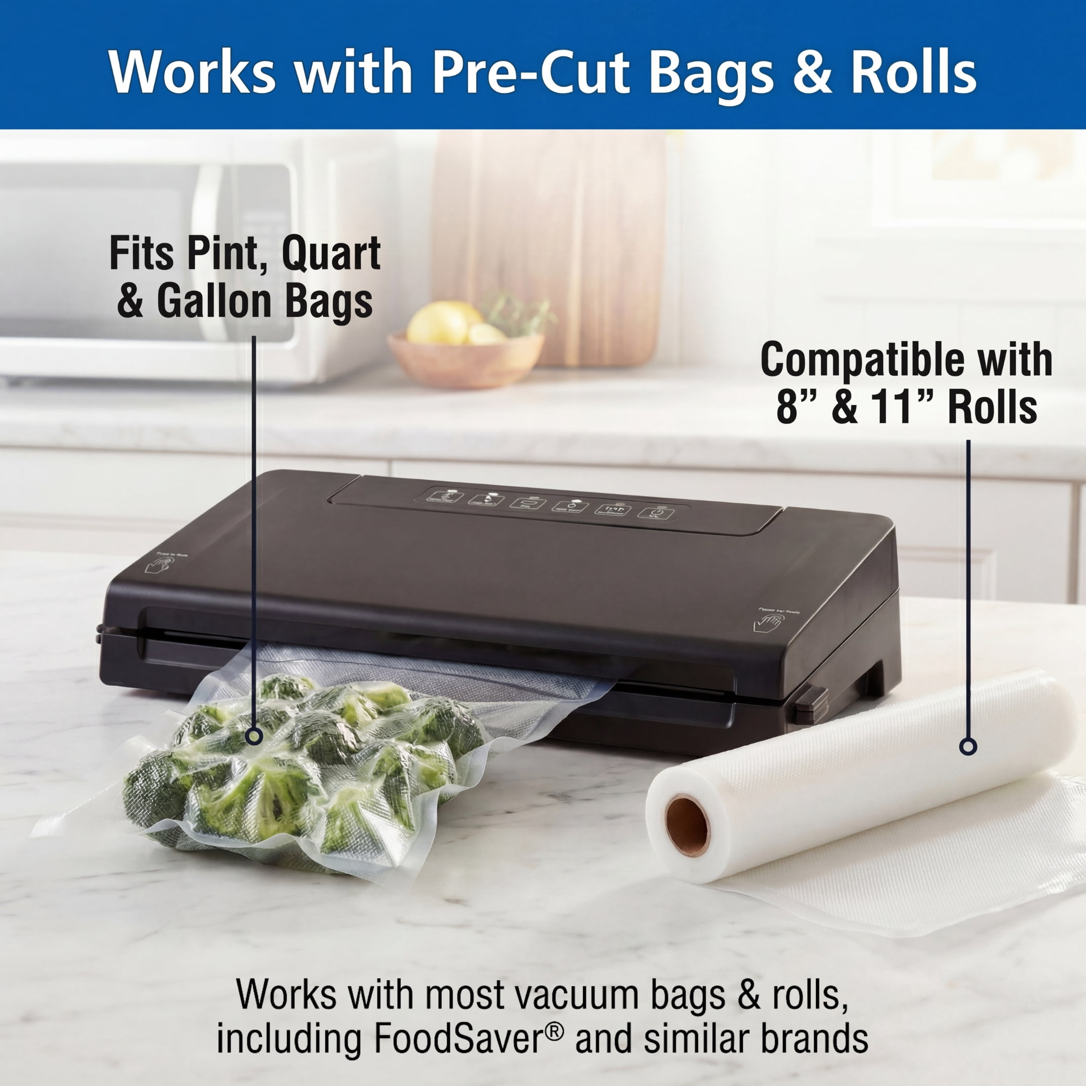 Mainstays Food Vacuum Sealer Machine, Powerful Multi-Mode Food Sealer With Built-In Bag Cutter & Storage, Accessory Port for Jars/Canisters, Includes (1) 11 in Roll, For Meal Prep & Freezer Storage