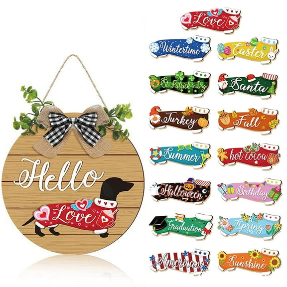 Funny Interchangeable Dog Wooden Door Hanger Ornaments Rustic Dachshund Seasonal Home Sign Replaceable Hanging for Wall Outdoor Christmas Fall Decoration