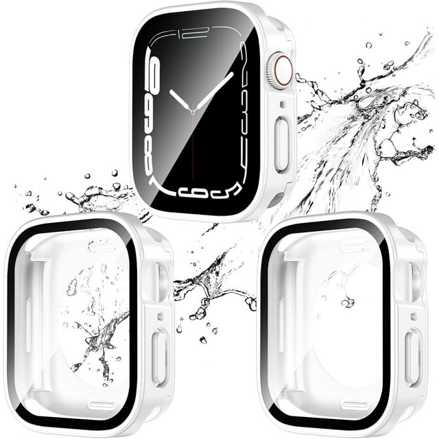 KOMI 2 Pack 2 in 1 Waterproof Case for Apple Watch Series SE SE2 6 5 4 44mm, Straight Edge PC Front & Back Bumper with Tempered Glass Screen Protector 360 Protective Cover for iWatch 44mm