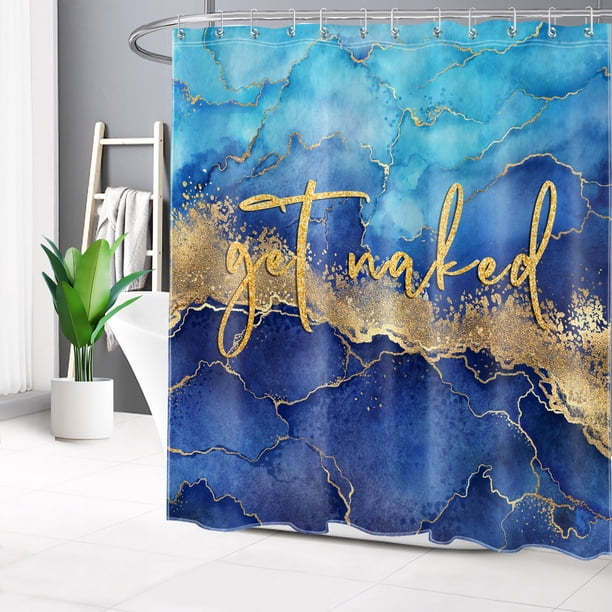 HVEST Marble Get Naked Shower Curtain, Blue and Gold Abstract Marble