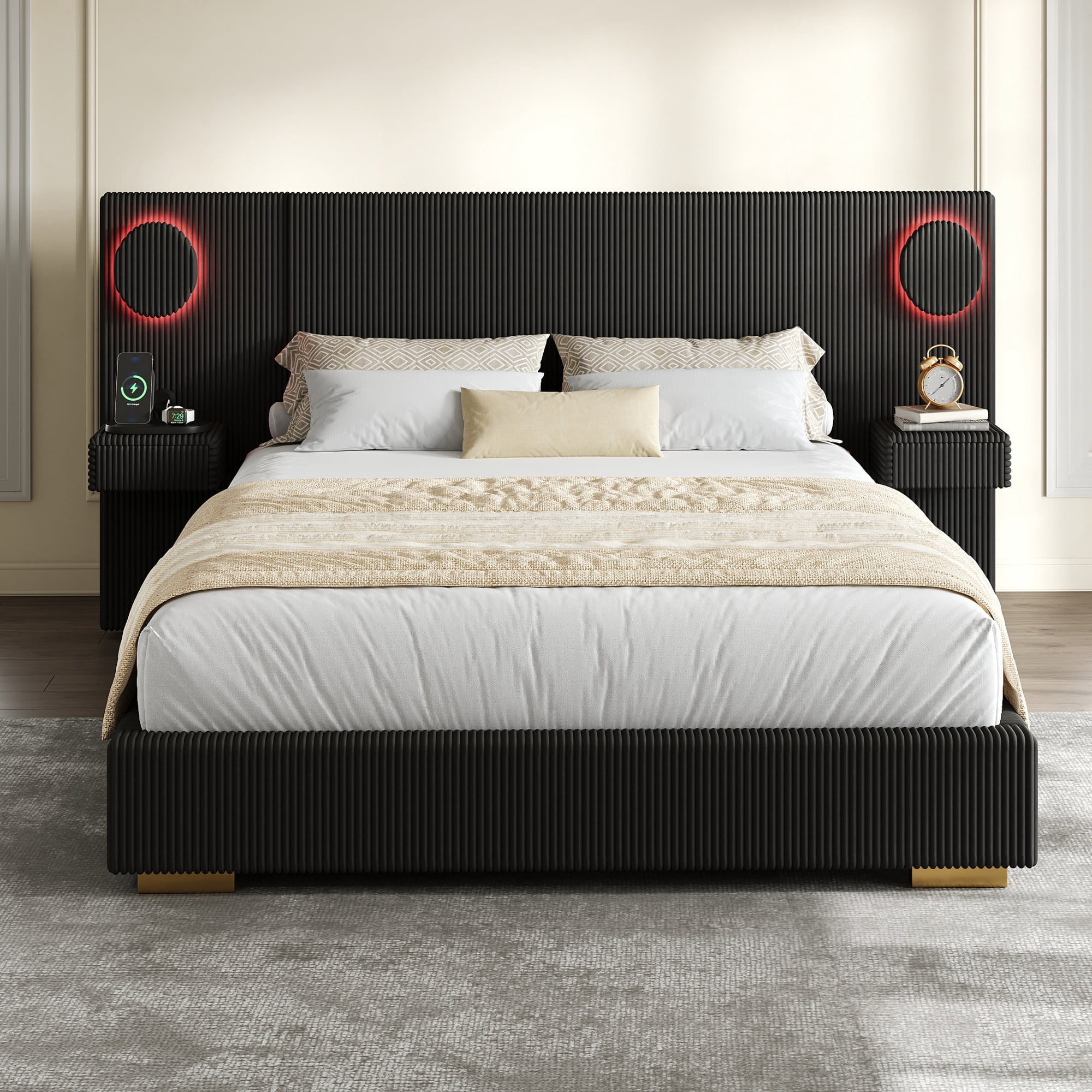 Euroco Upholstery Queen Size Platform Bed with LED Light and Drawers, High Headboard Design with Bedside Tables and USB Ports, No Box Spring Needed, Black