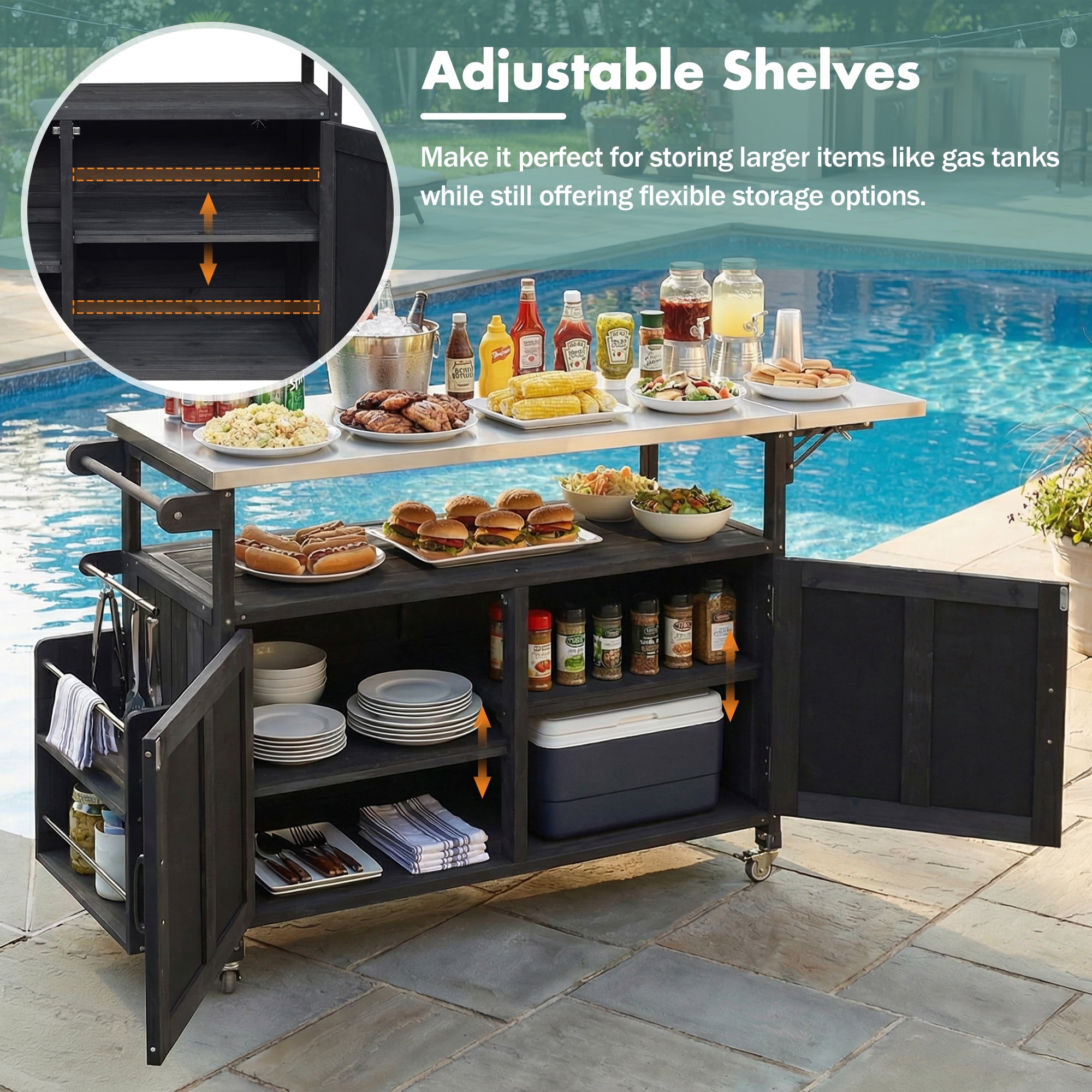 Mobile Cooking Island, Foldable Outdoor Patio Kitchen Cart, Black