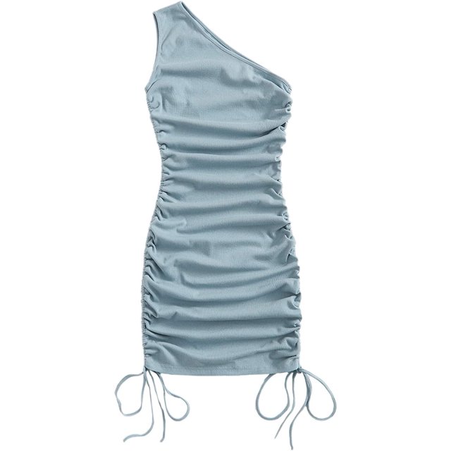 Vestido corto sin mangas con cordón para mujer, con un hombro descubierto, fruncido Azul (Dusty Blue) M Azul (Dusty Blue) M Xishao ropa