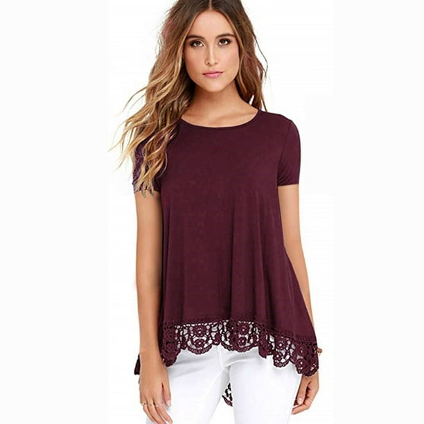 Well T-shirt Long Sleeve Lace Trim O-Neck A-Line Tunic Tops High-Low Hem  Asymmetrical Hem Lines Shirts Loose Casual Women's Tops wine red 