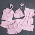 thumbnail image 4 of Pijama de siete piezas de color sólido para mujer, cárdigan de seda para primavera/otoño/verano, ropa de hogar, traje de pijama de seda artificial de 7 piezas, 4 of 5