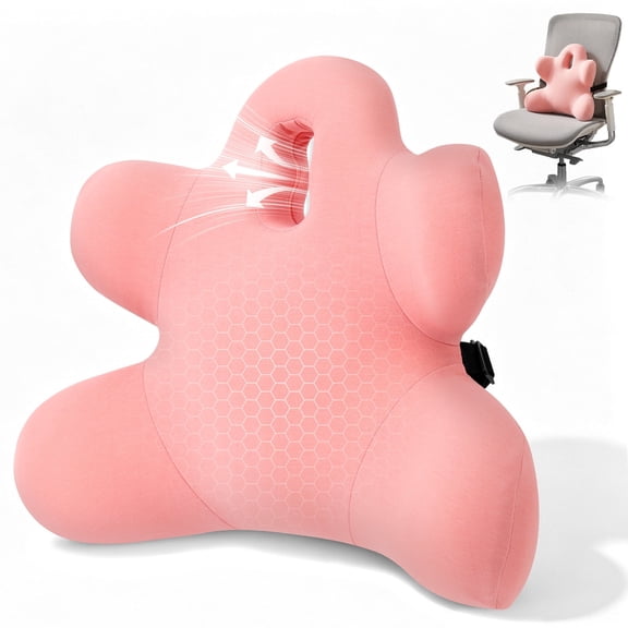 Lumbar Support Pillow for Office & Car, Ergonomic Memory Foam Multi-Zone Back Cushion – Adjustable Strap for Lower Back Pain Relief (Pink)