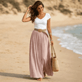 thumbnail image 4 of Women's Cotton Linen Swing Long Skirt Elastic Waist Flowing Maxi Crinkled Skirt Retro Casual Layered Pleated Flowy Long Maxi Skirts With Belt Pink XL, 4 of 5