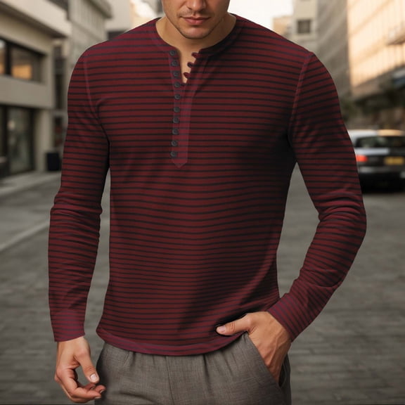 Mens Long Sleeve Henley Shirts Solid Color Trend Breathable Slim Quarter Button Polo Shirt Fall Comfort Classic Basic T Shirts Brick Red L