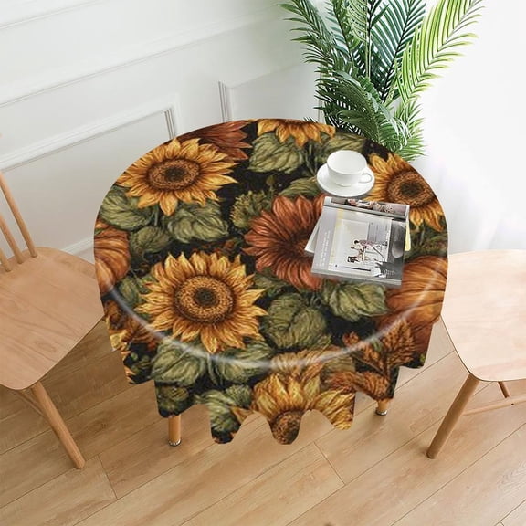 RKSupls 60 Inch Round Tablecloth, Sunflower Pumpkin Pattern Premium Polyester Straight Edge Wrinkle Resistant Washable Table Cover for Party Home Dining Decor