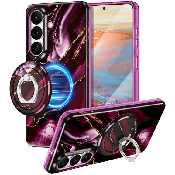 CASEFIV for Samsung Galaxy S26 Plus Case,[Magnetic Invisible Stand][Military-Grade Drop Protection] Slim Glossy Marble Pattern Back Shockproof Protective Phone Cover,Purple Marble