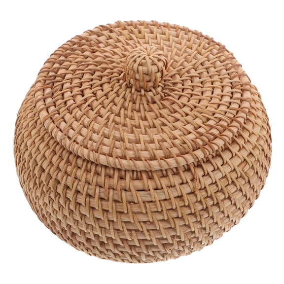 YOSADIER Handwoven Rattan Storage Box with Lid, Round Decorative Basket for Home Organization, 15 x 12 cm