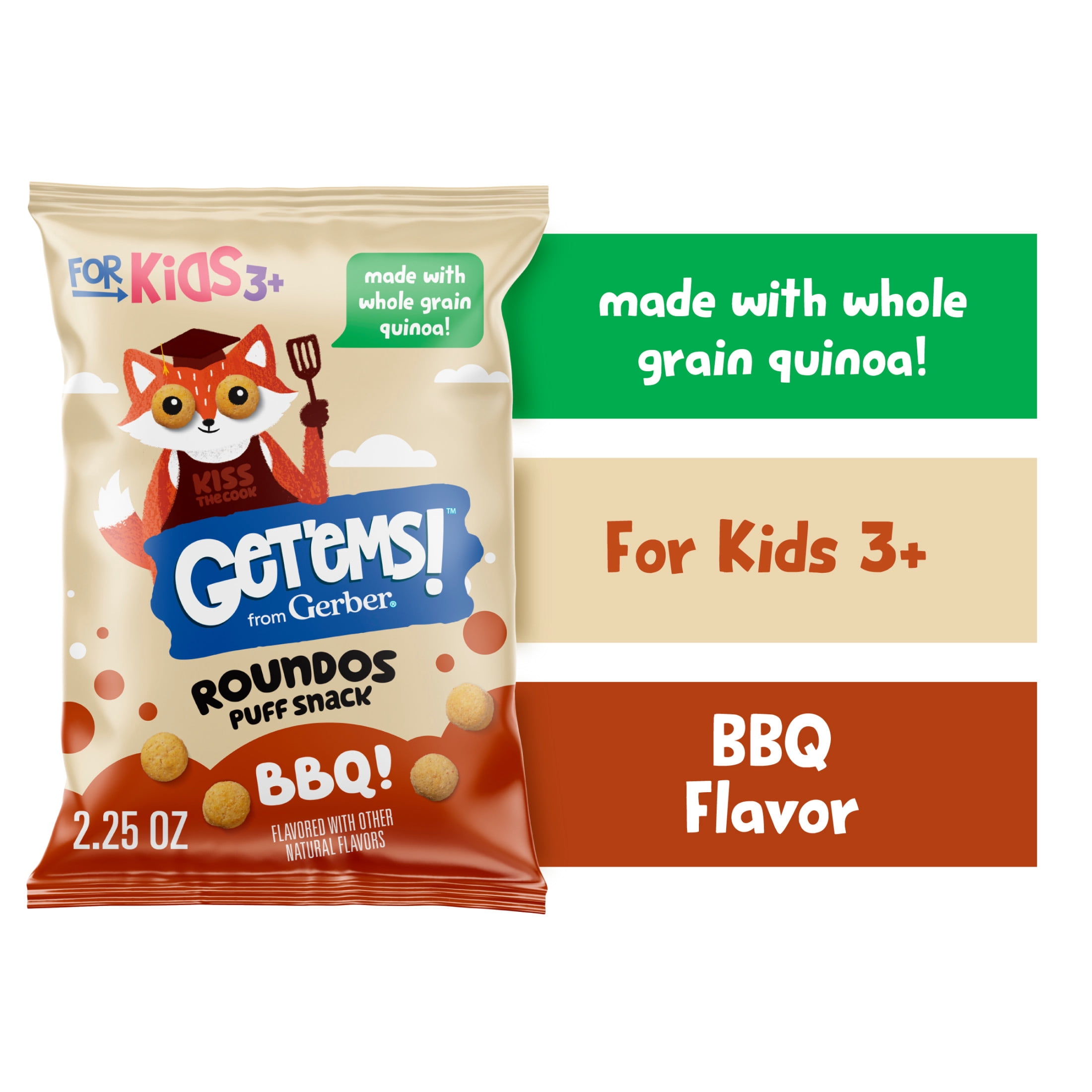(6 pack) Get'ems from Gerber BBQ Roundos Puff Snack, Kids Snack Made with Whole Grain Quinoa, Calcium to Support Strong Bones 2.25 oz