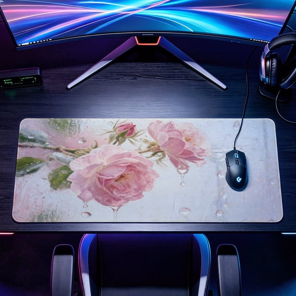 Extra Large pink rose flower oil painting art Mouse Pad, Non Slip Rubber Pad, Desktop Decoration Drotection Pad, Washable, Lock Edge Multi Size, Premium Multipurpose Mousepad