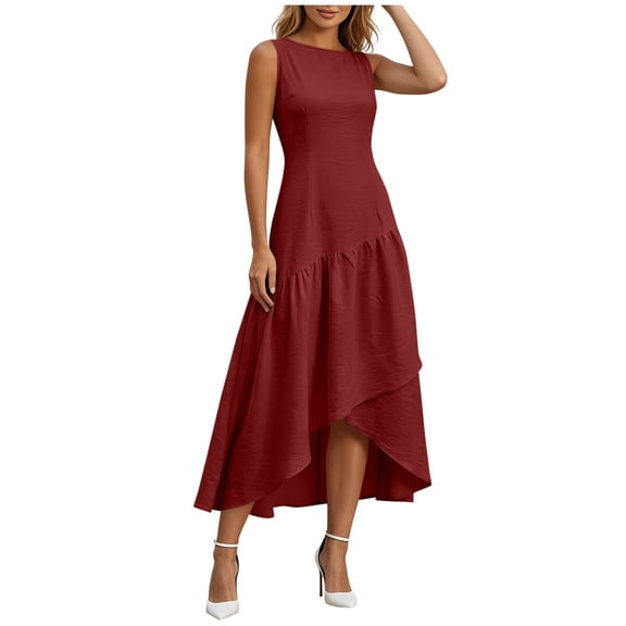 ZQUUVOU Women's Summer Midi Dresses Fashion Casual Sleeveless Crewneck Asymmetrical Ruffle Hem Flowy Lightweight Sundress Burgundy