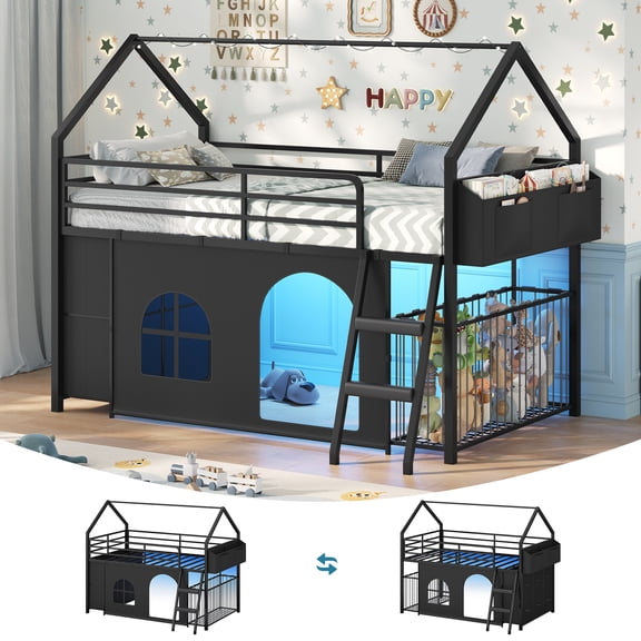 Twin Size Loft Bed with 6 Storage Drawers & LED Lights, House Shaped Metal Bed with 13” Safety Guardrail, Inclined Ladder, Under-Bed Play Space, Stuffed Animal Storage , Black