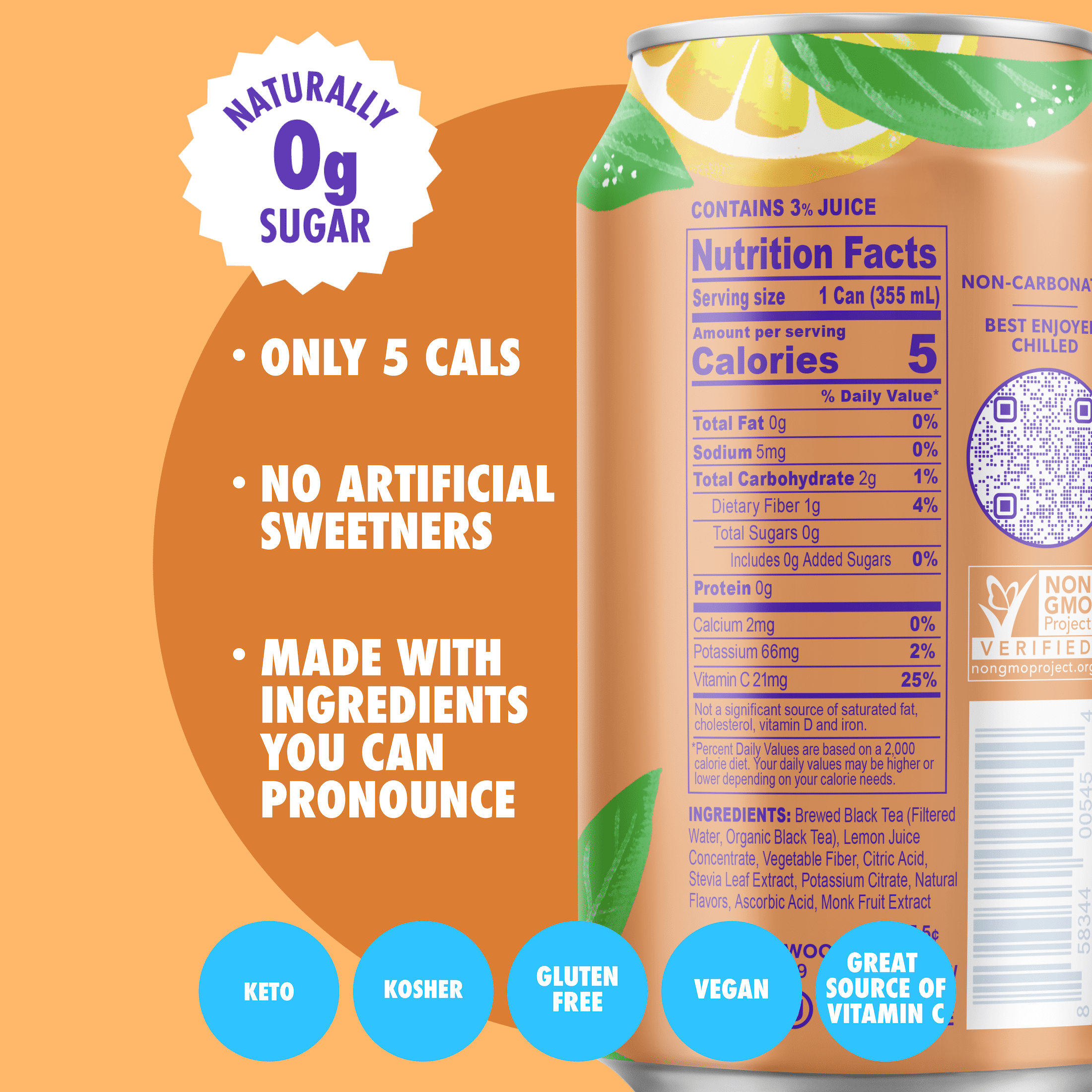 Swoon Zero Sugar Half Lemonade & Half Tea, 5 Calories, Sugar Free, 12 fl oz Can, 12 Pack