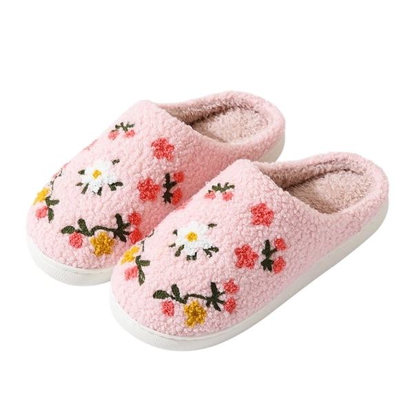 Agkizg Womens Fall Winter Slippers, House Slippers, Floral Embroidery Backless House Slippers Soft Warm Plushes Casual Indoor Bedroom Winter Slippers