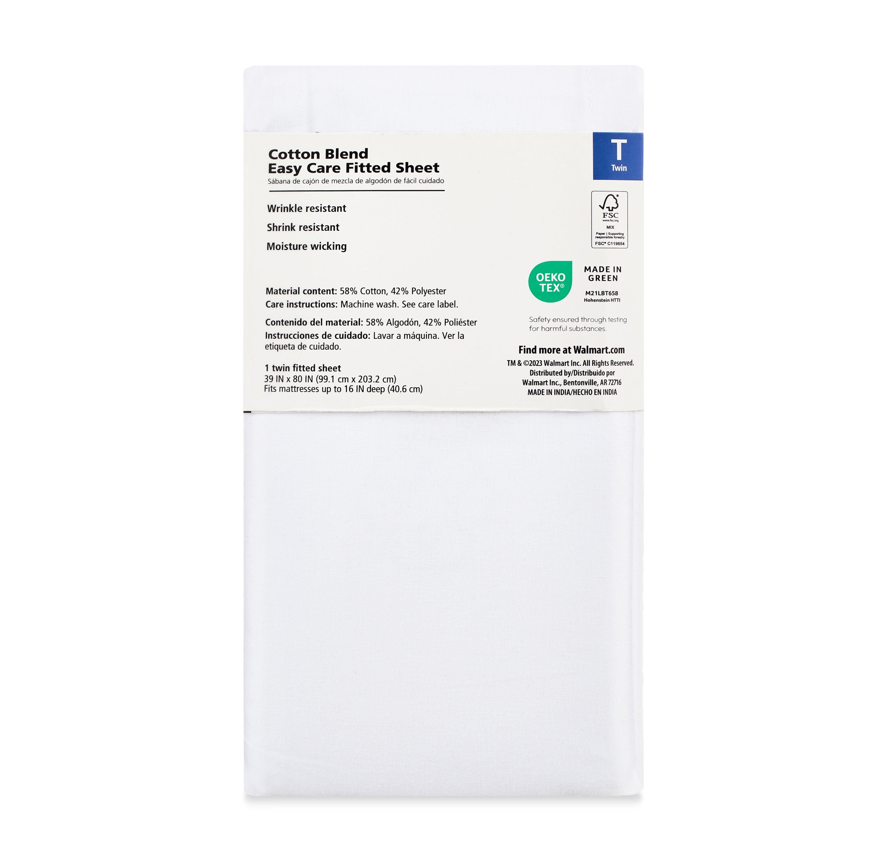 Mainstays 300 Thread Count Easy Care White Cotton Blend Percale Fitted Bed Sheet, Twin