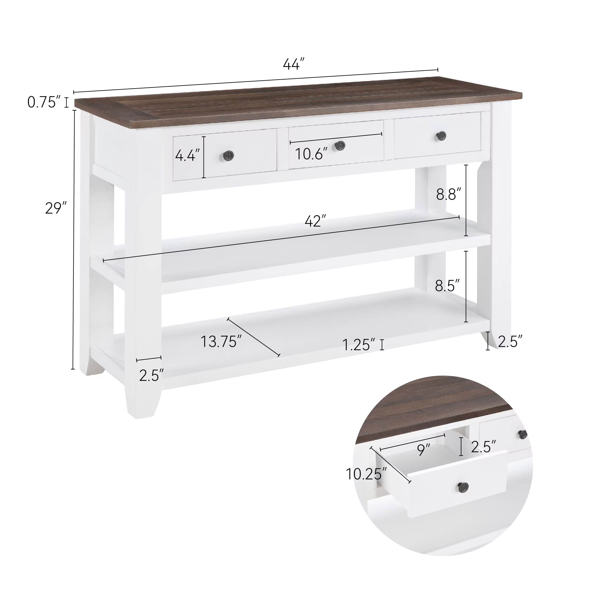 MAYEERTY 44" Retro Console Table with Drawers and Open Shelves, Solid Wood Entryway Table for Living Room, Hallway, Dining Room