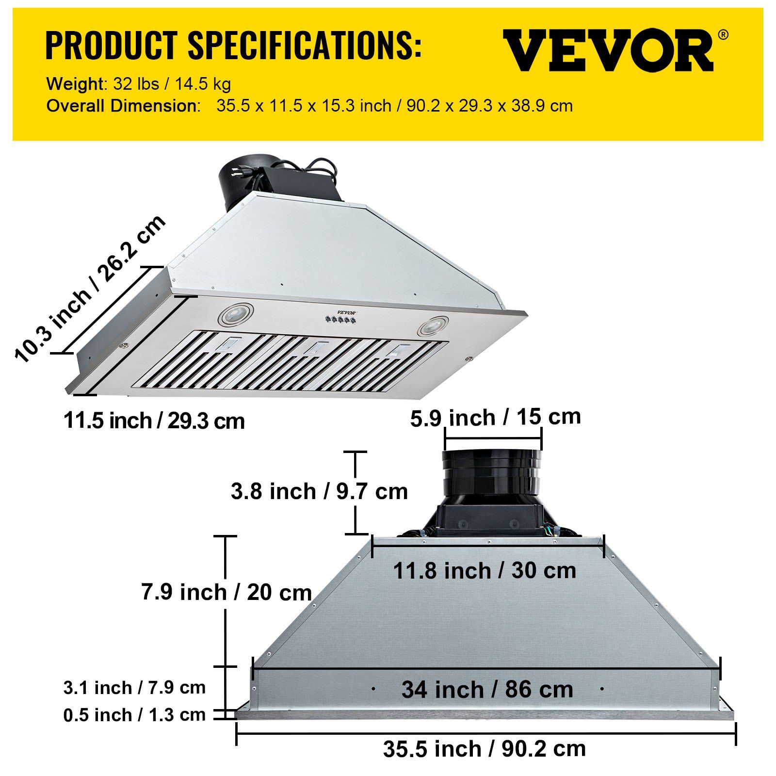 800CFM 36-Inch Built-In Range Hood - 3-Speed Push Button, Stainless Steel, LED Light, Baffle Filters, Convertible Vent, ETL Listed