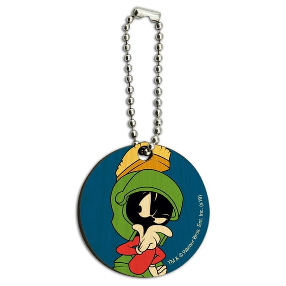 Looney Tunes Marvin The Martian Wood Wooden Round Keychain Key Chain Ring