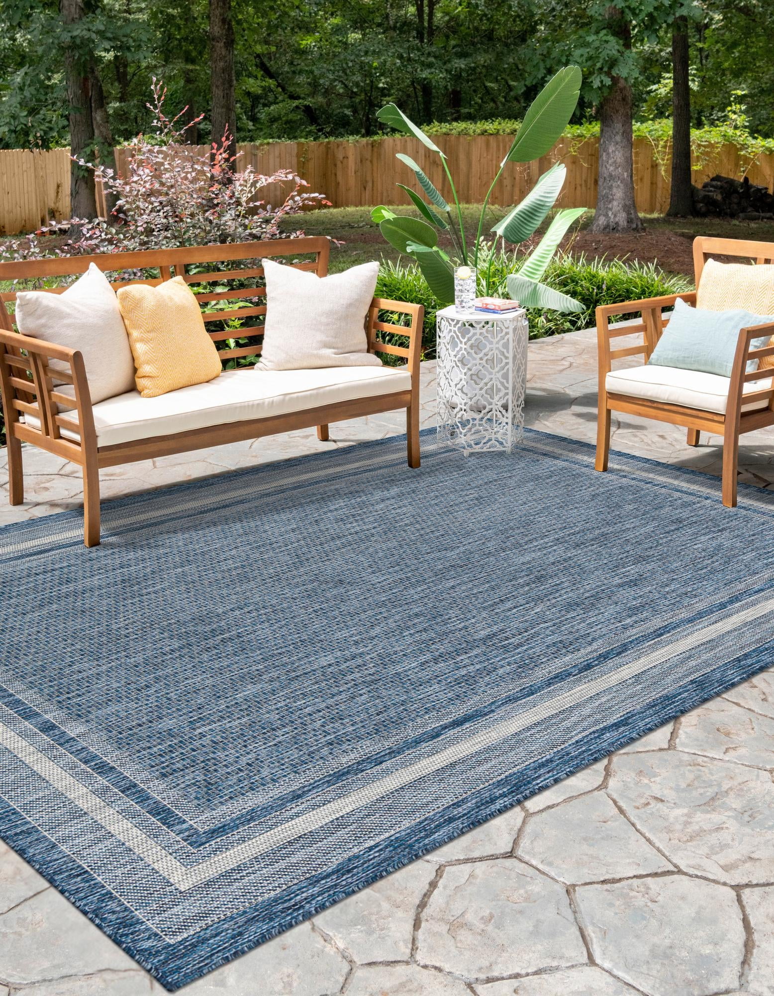 Unique Loom Outdoor Border Collection Area Rug - Soft Border (7' 1" x 10' Rectangle Blue/Ivory)