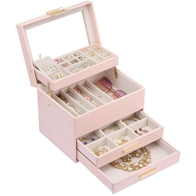 Organizador de Joyas, Estuche Joyero con Ventana Transparente y Cajón de Pendiente Pulsera Collar Anillo Reloj Brazalete Arete Arracada Colgante Almacenaje Joyería para Mujer -Rosa, 4 Capas