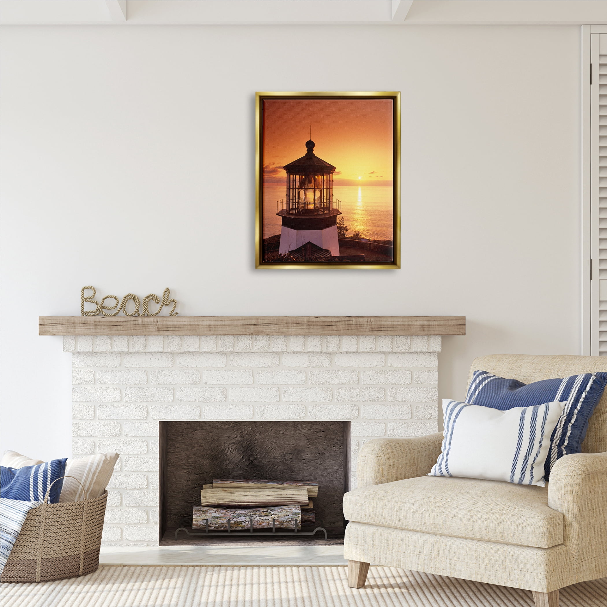 Stupell Industries Lighthouse Beacon at Sunset Nature Photography Gold Floater Framed Art Print Wall Art, 25 x 31