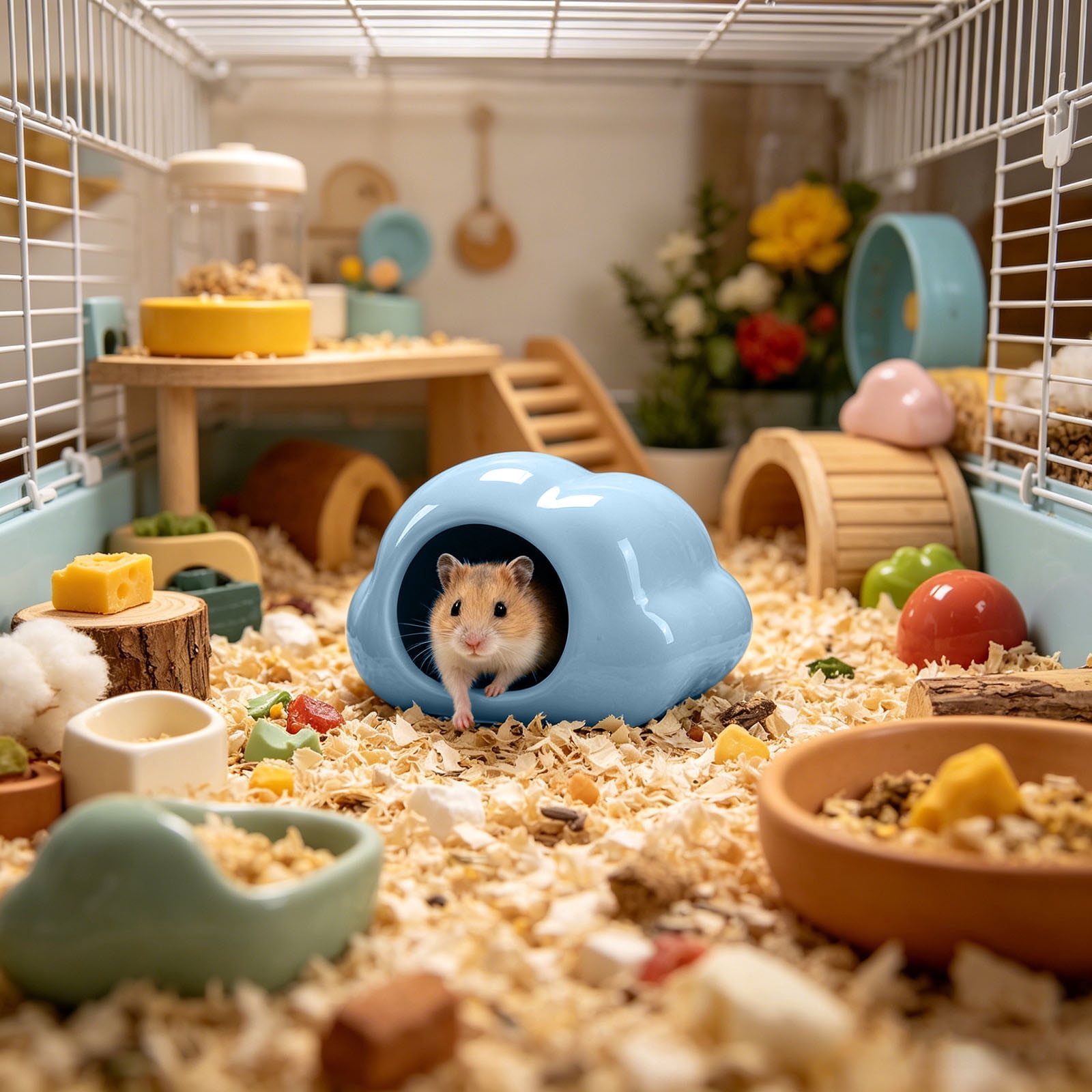 YANDE-Hamster Hideout Ceramic Hamster House Pet Nesting Hut Summer Cooling Cabin Hamster Nest Pet Cage Decor for Critter Lemmings Chinchilla Playing (Blue)