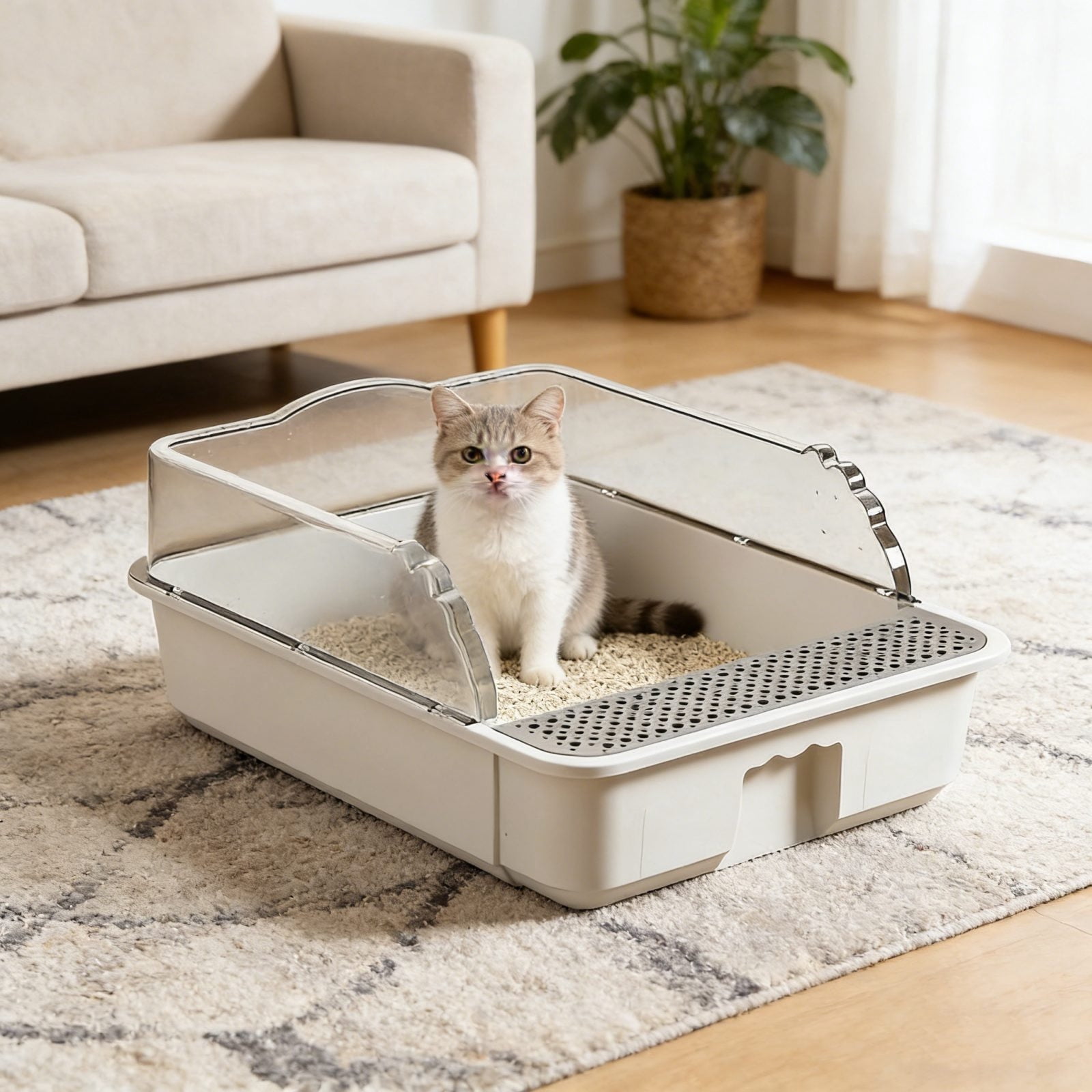 AYktou Semi Enclosed Cat Litter Box, Oppose Scatter Odor Control Litter Pan with Removable High Sided, Non Slide Bottom Pet Toilet Include Scoop Indoor Cats Toilet Tray Anti-Scratch Kitty Cat Box