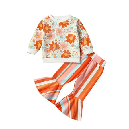 

GXFC Toddler Baby Girl Fall Outfits Kids Girl Long Sleeve Flare Print Sweatshirt Tops and Floral Stripe Pants Children Girl Autumn Two Piece Set 6M-5T