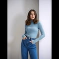 thumbnail image 4 of Suéter de Cuello Alto Acanalado para Mujer, Larga, Blusa Térmica de Peso Medio Azul Mar un Tamaño, 4 of 10