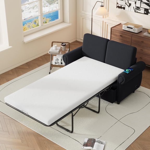 Pull Out Sofa Bed Loveseat Sleeper with Twin Memory Foam Mattress, Linen Upholstered Convertible Couch with USB Ports for Living Room, Apartment, Black