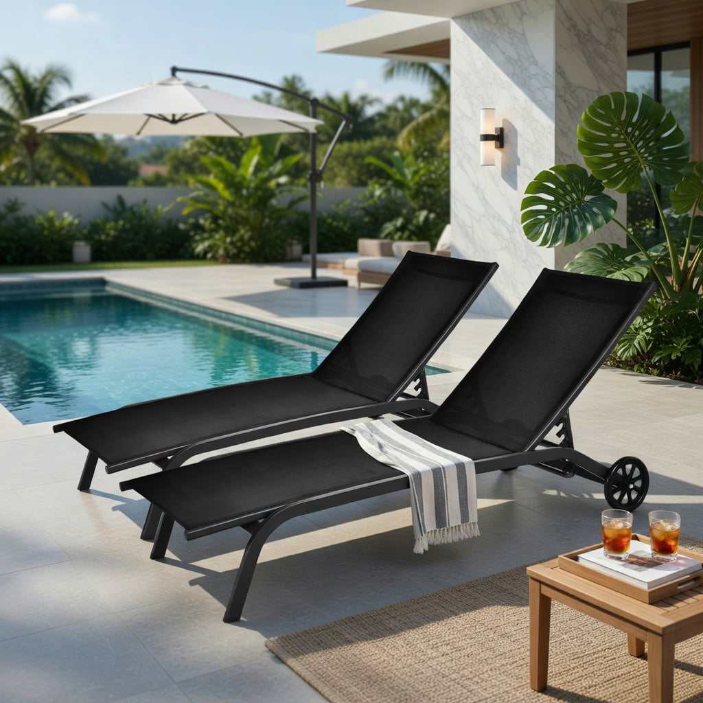 Hommoo 6-Position Adjustable Outdoor Chaise Lounge Chair with Smooth-Rolling Wheels, Steel Frame for Patio, Poolside & Backyard, Black