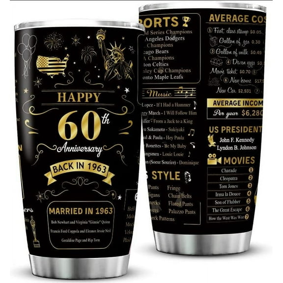 Happy 60th Anniversary Wedding Gifts for Men Women 60th Anniversary Tumbler 60 Years Wedding Gifts for Couple Wife Husband Back in 1963 Stainless Steel Vacuum Insulated Tumbler 20 oz