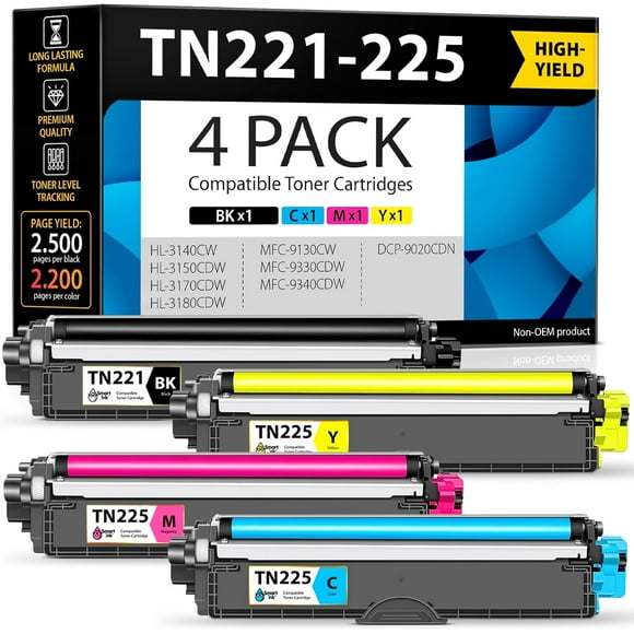 UTAH-Compatible Toner Cartridge Replacement for Brother TN 221 TN225 TN221 TN 225 (Black, C/M/Y 4 Combo Pack) to use with MFC-9130CW HL-3140CW HL-3170CDW HL-3180CDW MFC-9330CDW MFC-9340CDW
