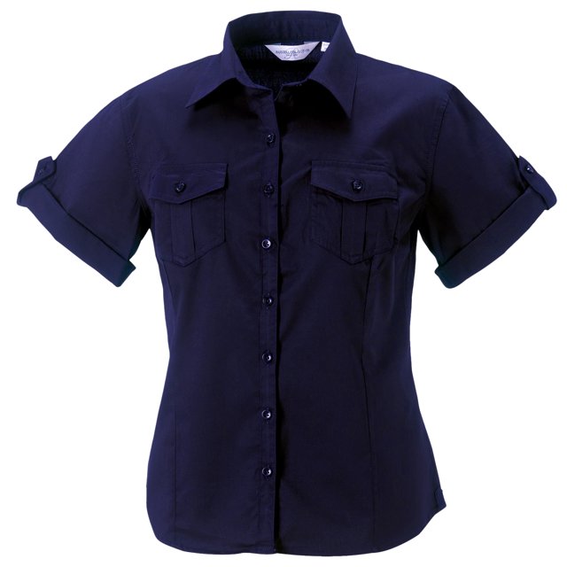 Russell Collection- Camisa de manga corta vuelta para mujer (Azul marino)