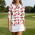 thumbnail image 2 of HCYSFG Womens Cherry Print Polo Shirt Collared 3/4 Sleeve Quarter Zip Golf Blouse Curved Hem Relaxed Fit Casual Sports Top, 2 of 6