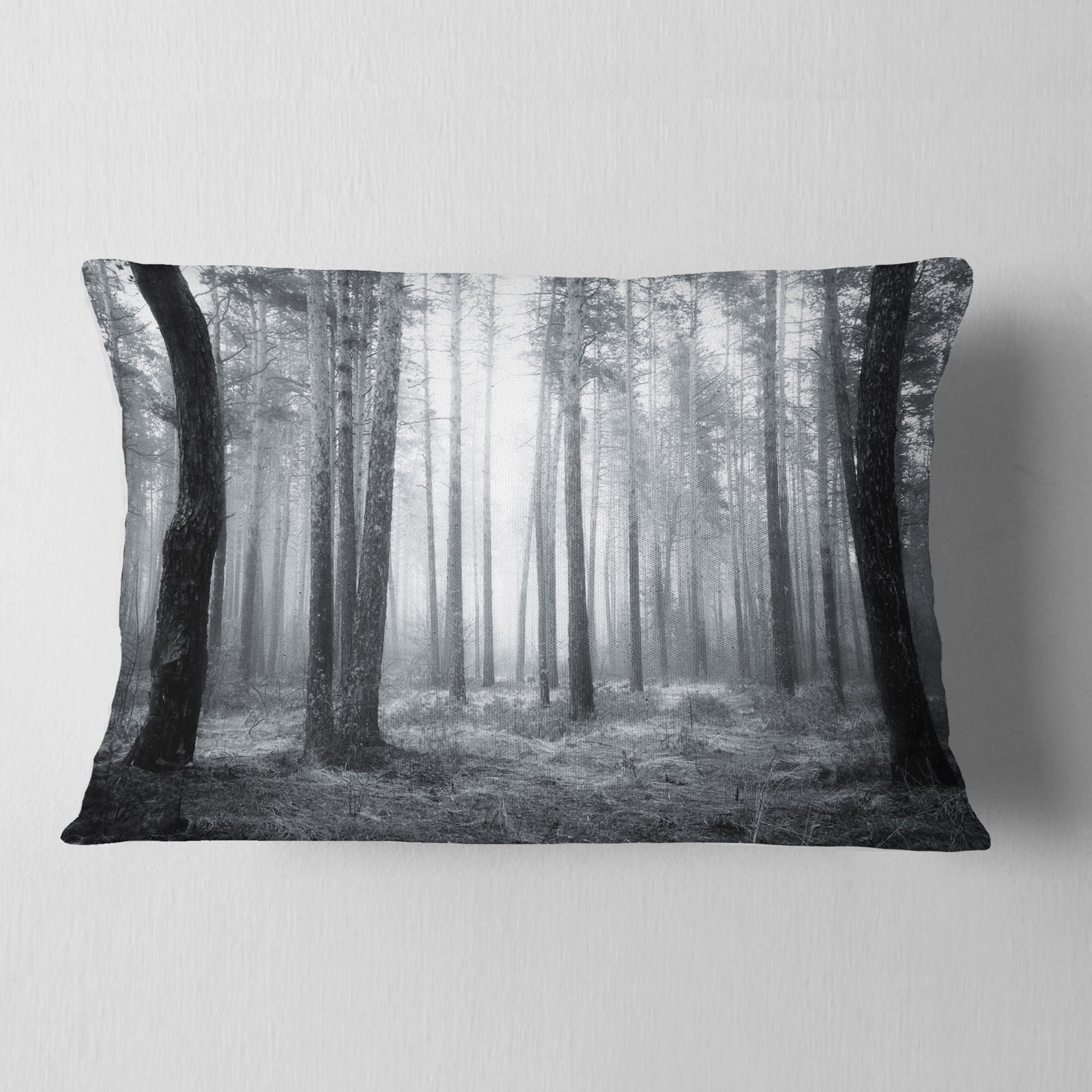 Designart Black and White Foggy Forest - Forest Throw Pillow - 12x20