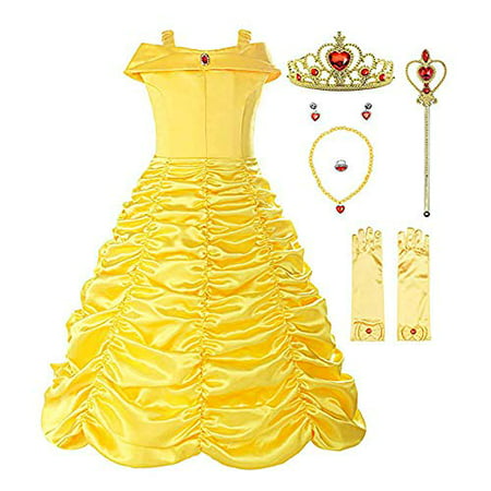 Little Girls Elsa Princess Dress Anna Costume, Snow Party Queen Halloween Belle (130CM(5-6T)-XL, Yellow Belle with