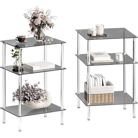 Tempered Glass Side Tables Set of 2 Acrylic End Table with 3 Storage Shelve Transparent Bedside Simplicity Clear 3-Tier Nightstands for Small Spaces Office Bedroom Living Room Study Black