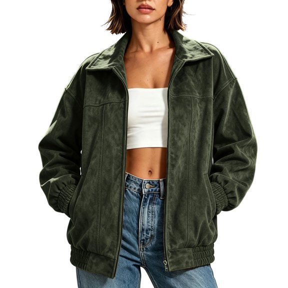uublik Faux Suede Jackets for Women Army Green Long Sleeve Casual Zip Up Coat Trendy Fall Clothes