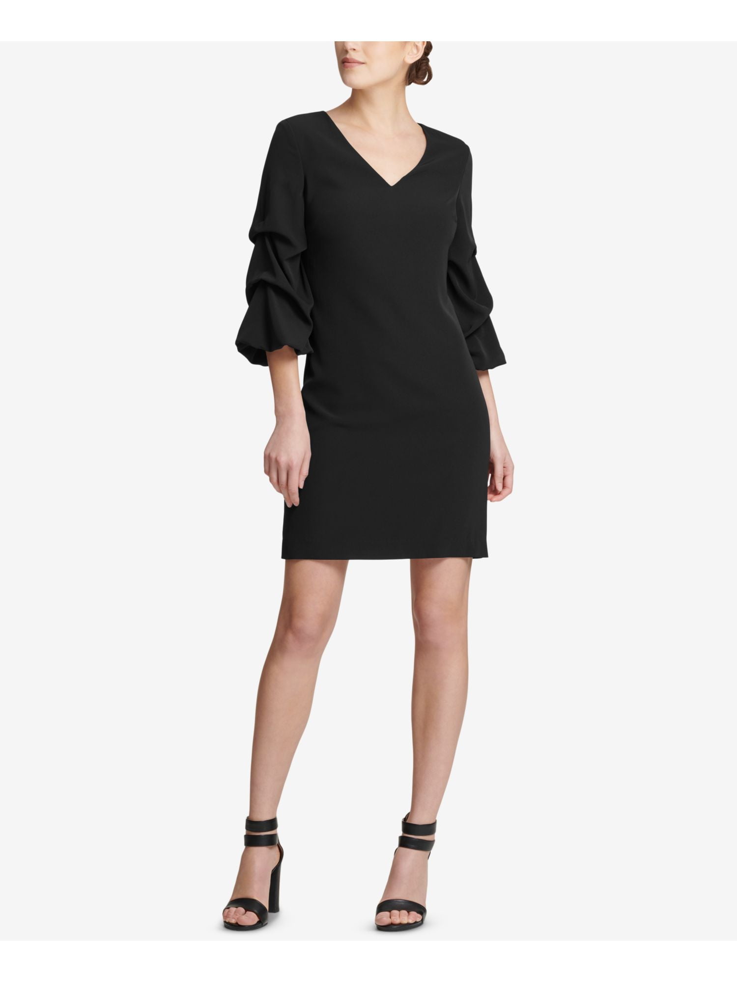 DKNY DKNY Womens Black Ruffled 3/4 Sleeve V Neck Above The Knee Fit