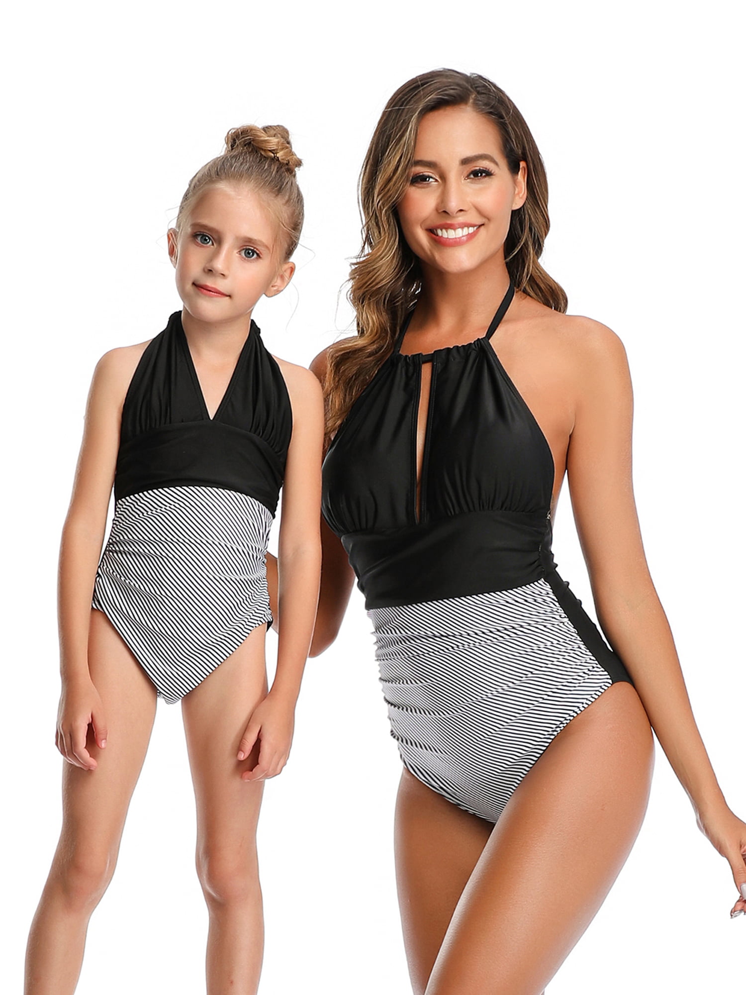 Mother and daddy swimwear's Family Matching Stripe Pattern Bathing Suits In Blue Swimming trunks Mommy and me One piece bikini