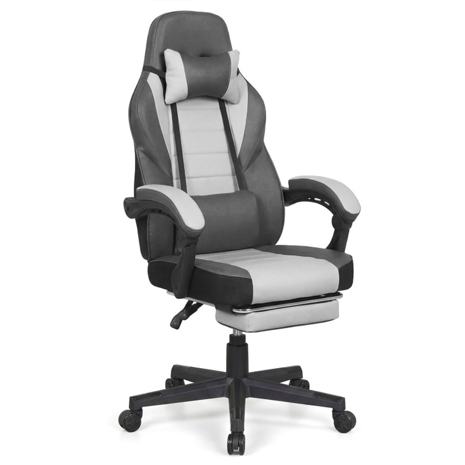 Furnibear Ergonomic Video Game Chair with Headrest 155 Degree Reclining Backrest Retractable Footrest and Swivel Base for Home Office, Gray
